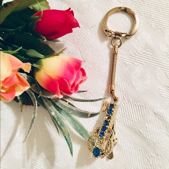 🎸Vintage Blue Rhinestone Guitar Key Chain🎸 - Picture 1 of 6